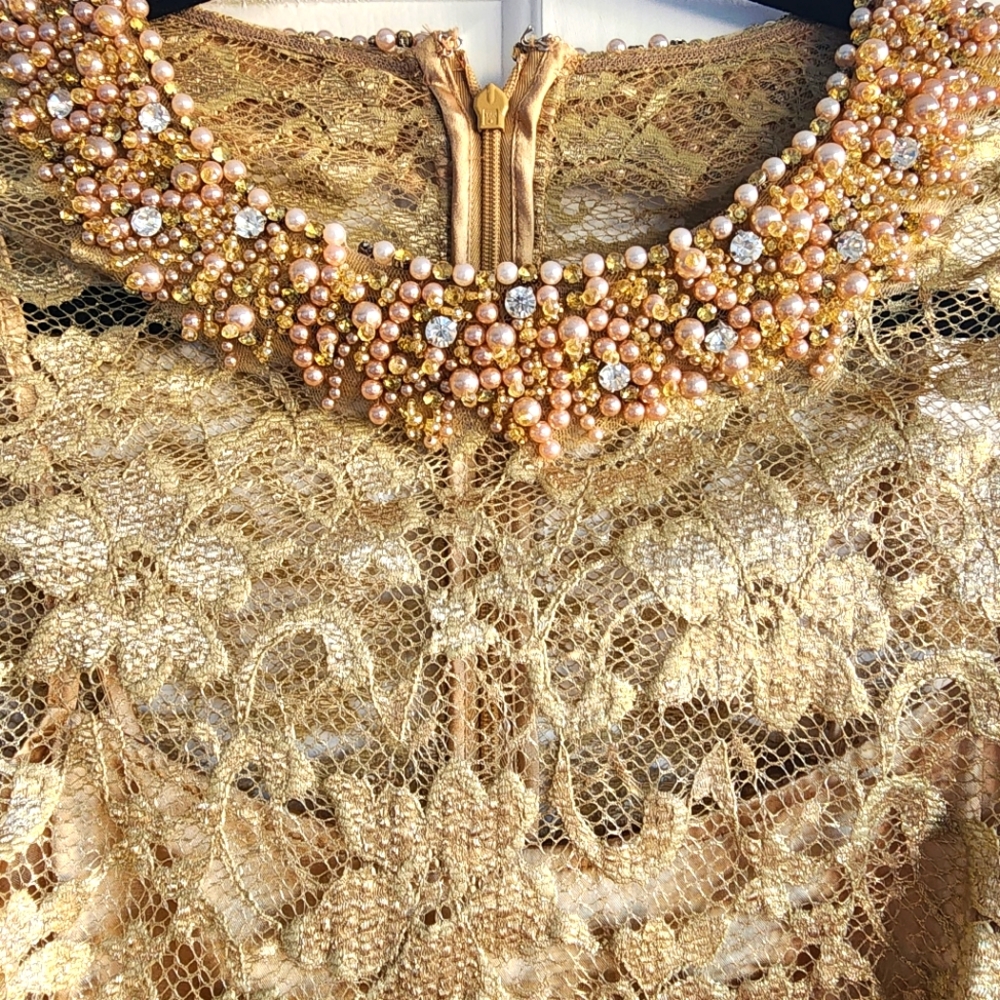 Teri Jon Gold Lace Midi Dress